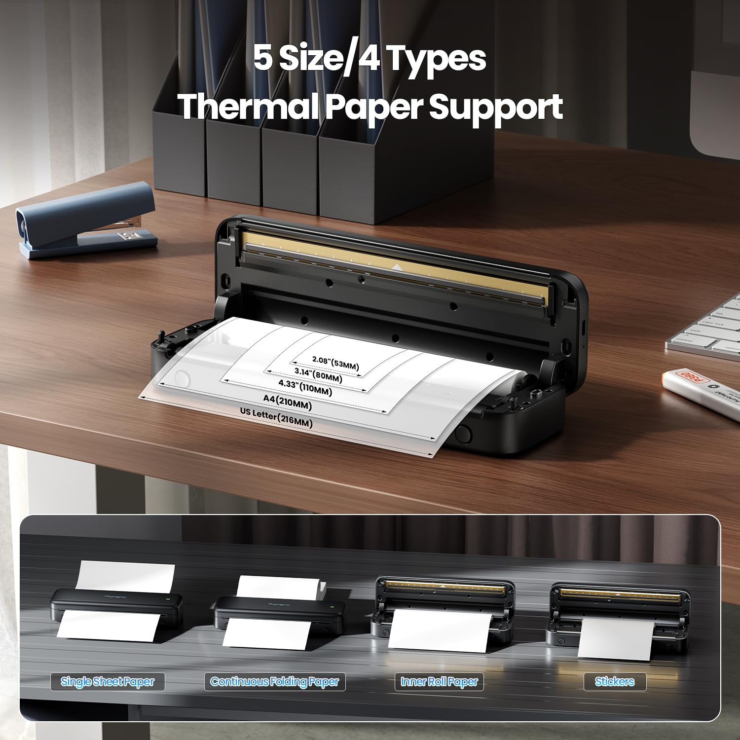 Phomemo M834 Thermodrucker A4, Mobiler Drucker A4 für Unterwegs, Büro, Schule, Zuhause, Kompatibel mit Smartphones und Computern, Tragbarer Drucker mit Tragetasche und 4 Rollen Thermopapier, Schwarz