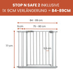 hauck Stop N Safe 2, Silber – Schutzgitter Treppe und Tür 84–89 cm – Kindersicheres Absperrgitter ohne Bohren – Manuelle 1 Hand Öffnung – nur für Innen - Auch für Hunde