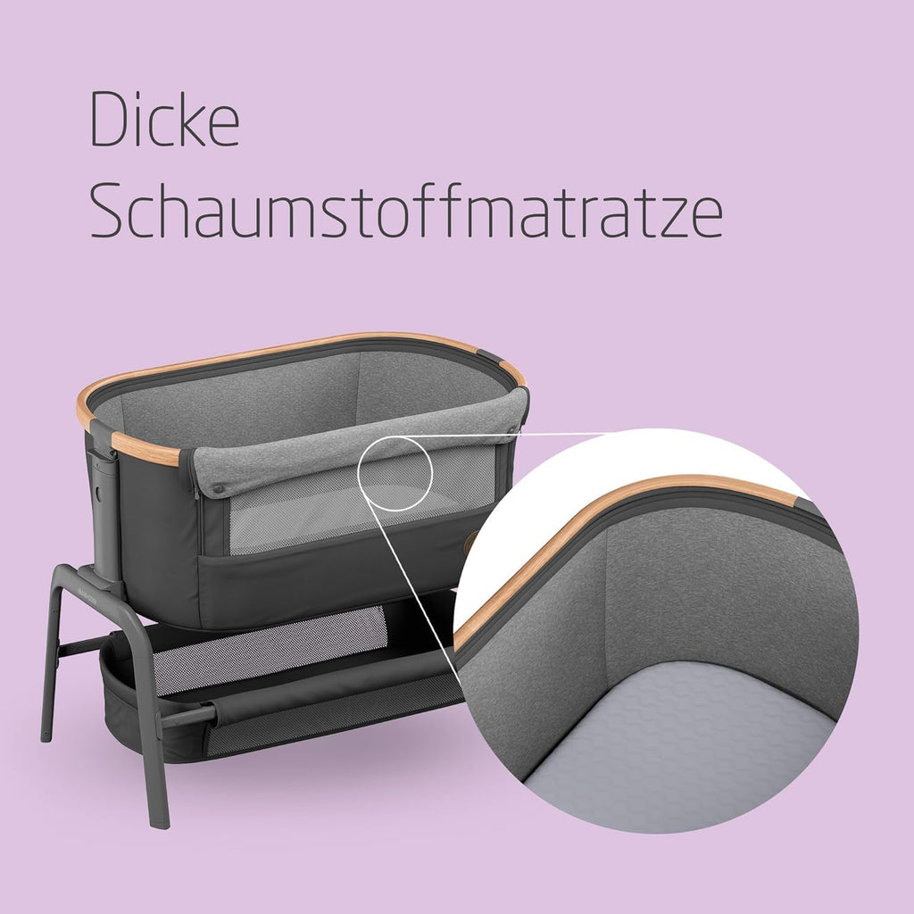 Maxi-Cosi Iora Beistellbett Baby, Faltbares Co-Sleeper, 0–6 Monate, max. 9 kg, 4 Neigungs- und 5 Höhenstufen, Leichtes Schieben, Bequeme Matratze, Großer Korb, Leicht zu Tragen, Essential Graphite