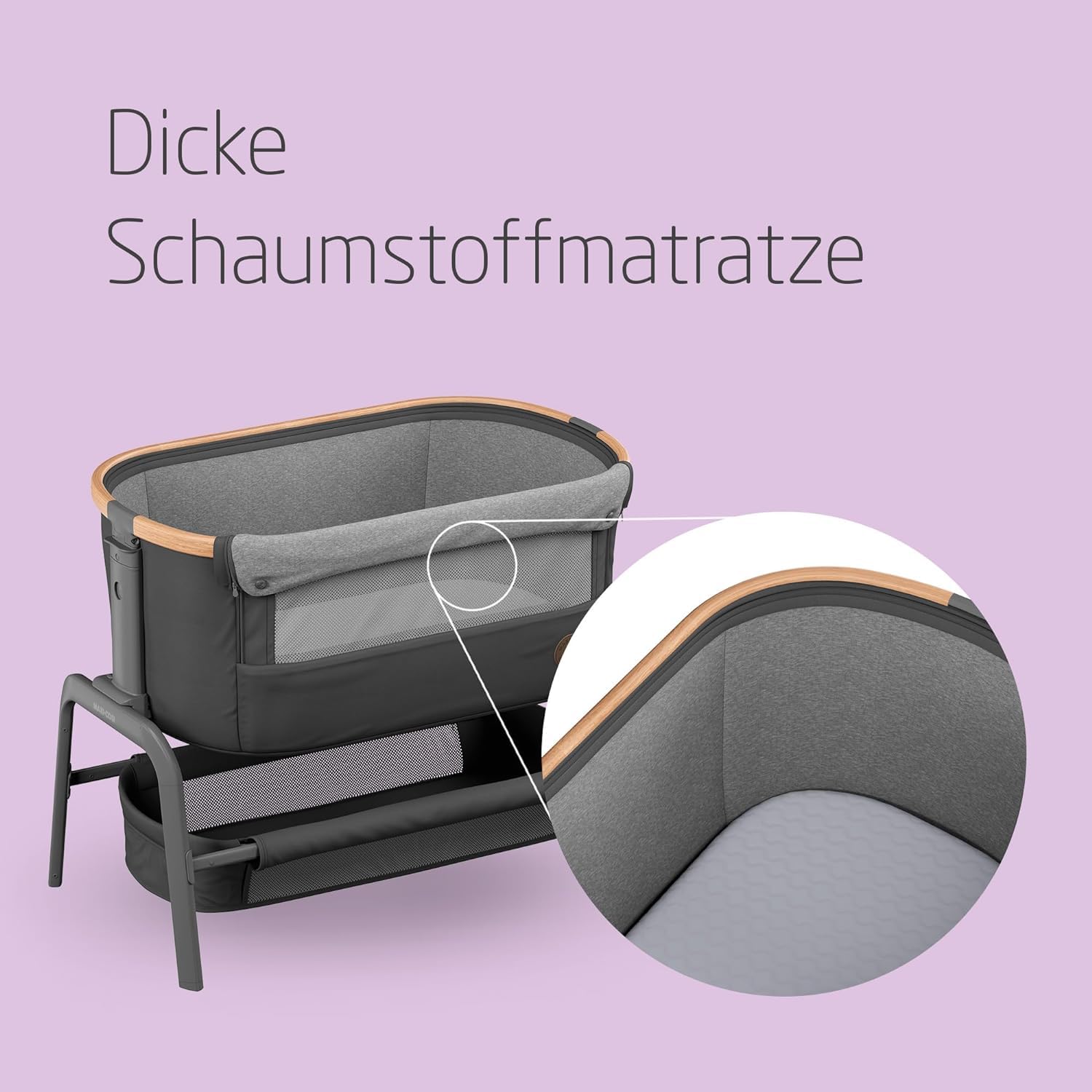 Maxi-Cosi Iora Beistellbett Baby, Faltbares Co-Sleeper, 0–6 Monate, max. 9 kg, 4 Neigungs- und 5 Höhenstufen, Leichtes Schieben, Bequeme Matratze, Großer Korb, Leicht zu Tragen, Essential Graphite