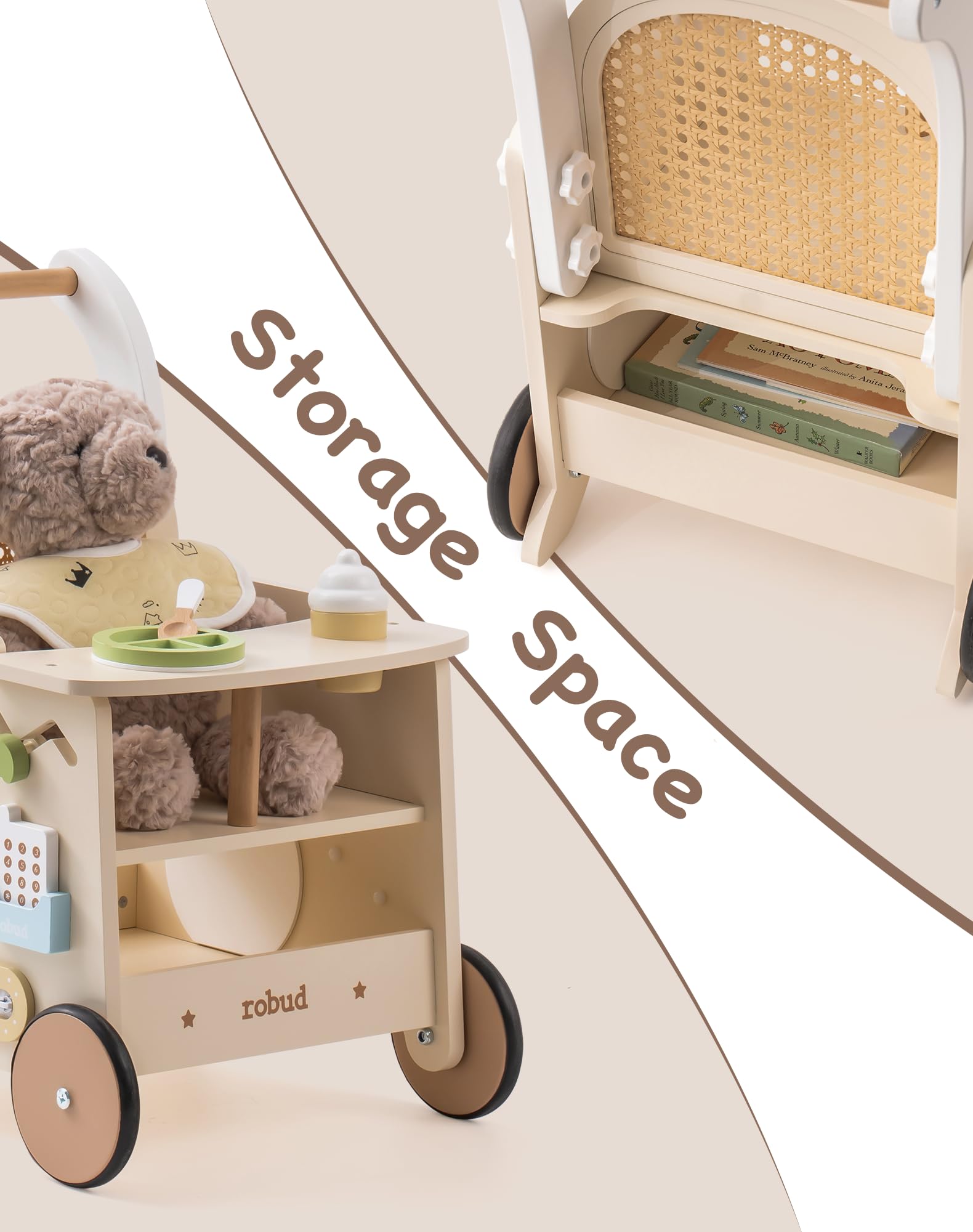 ROBUD Holz lauflernhilfe Baby Walker, 2-In-1 Puppe Lauflernwagen mit Montessori Busy Activity Board für Motorik, Sicherheitsbremse Spielzeug Laufwagen, Geschenk für Kleinekinder ab 10 Monate+