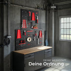 tectake® Werkzeug Lochwand aus Metall, 200 x 60 x 2 cm, Werkzeugwand Lochplatte, inkl. Werkzeughalter Set Haken und Halterungen, Wandregal Regalsystem für Werkbank, Garage, Werkstatteinrichtung - 5tlg