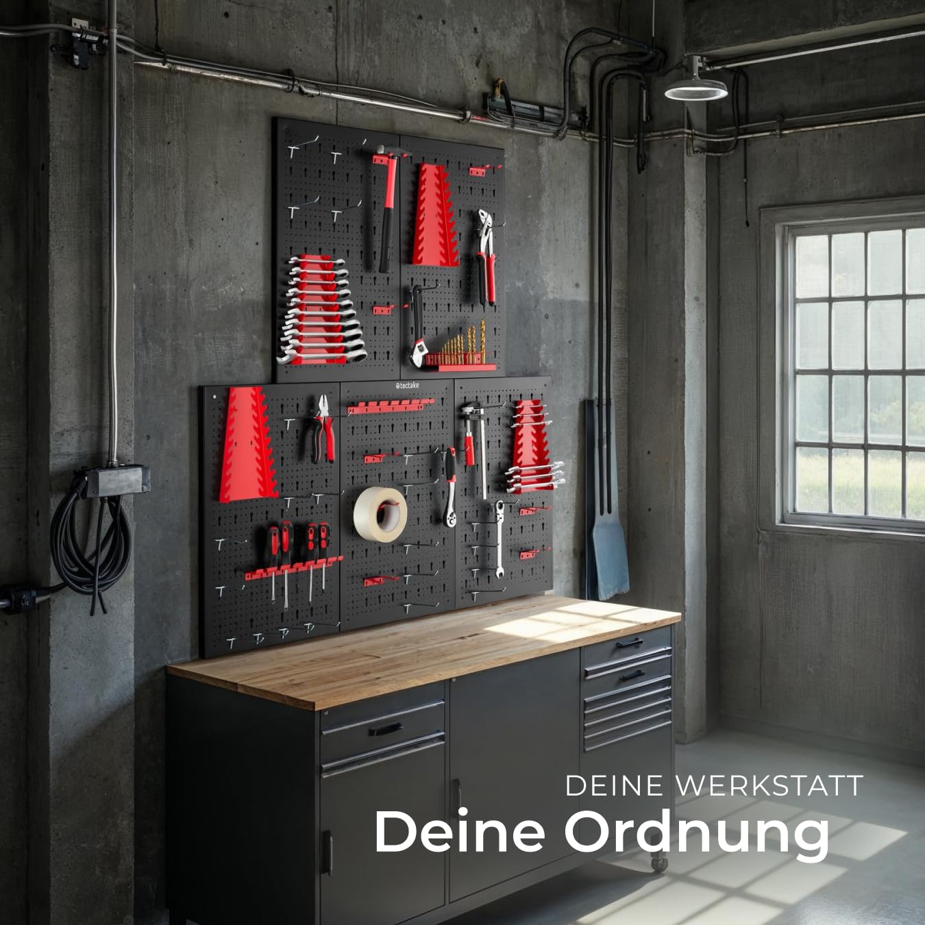 tectake® Werkzeug Lochwand aus Metall, 200 x 60 x 2 cm, Werkzeugwand Lochplatte, inkl. Werkzeughalter Set Haken und Halterungen, Wandregal Regalsystem für Werkbank, Garage, Werkstatteinrichtung - 5tlg