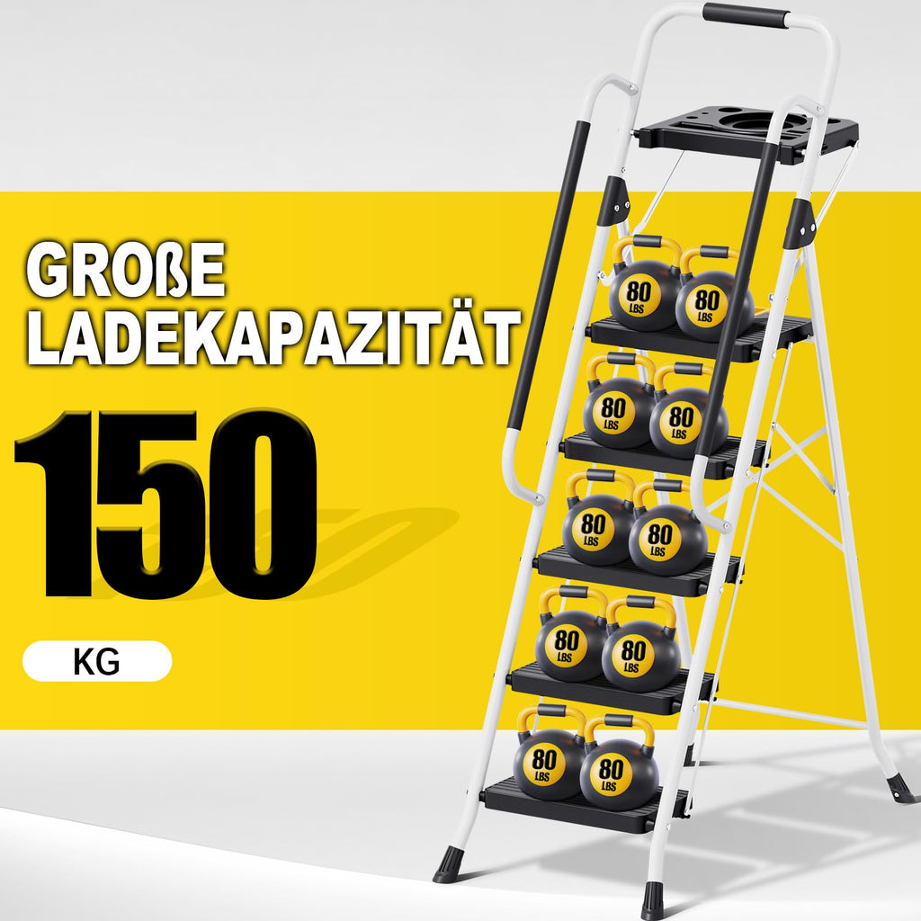 KINGRACK Trittleiter 5 Stufen klappbar, Leiter 5 Stufen 150 kg Tragfähigkeit, mit Werkzeugtray, Handlauf, für Haushalt, Garten, Malerei, Outdoor und Garagennutzung geeignete Faltbare Leiter, weiß
