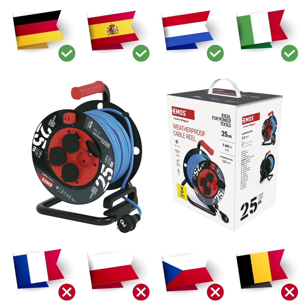 EMOS ganzjährige Outdoor-Kabeltrommel mit Silikon-Isolierung, 25m Kabel 1,5 mm2 mit 4 Schuko Steckdosen, IP44 wasserdicht und frostbeständig für Außenbereich, Industrie, Baustelle