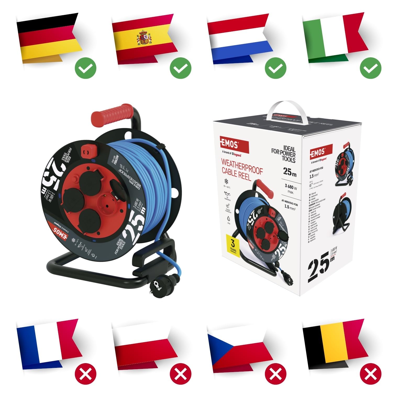 EMOS ganzjährige Outdoor-Kabeltrommel mit Silikon-Isolierung, 25m Kabel 1,5 mm2 mit 4 Schuko Steckdosen, IP44 wasserdicht und frostbeständig für Außenbereich, Industrie, Baustelle