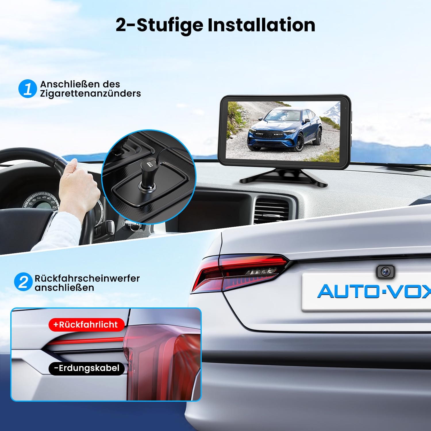 AUTO-VOX W12 Rückfahrkamera Kabellos Auto: 5" LCD 1080P Rückfahrkamera Funk unterstützt 2 Kameras, Rückfahrkameras Nachrüsten mit Stabilem Signal, IP69K Wasserdichter,Nachtsicht für AUTO LKW Wohnmobil