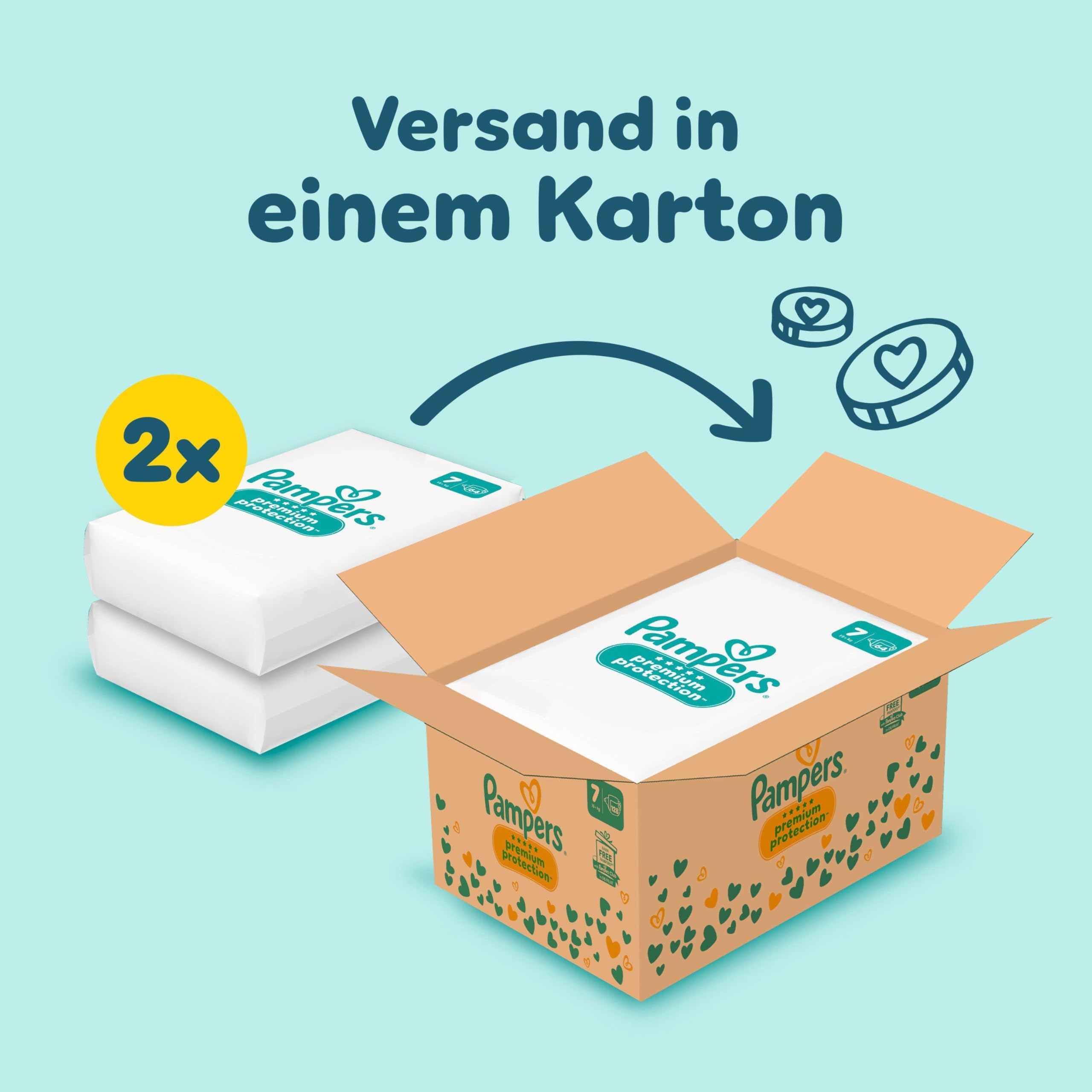 Pampers Premium Protection Größe 7, 128 Windeln, 15kg+, Doppelter Schutz für die Haut und vor Auslaufen