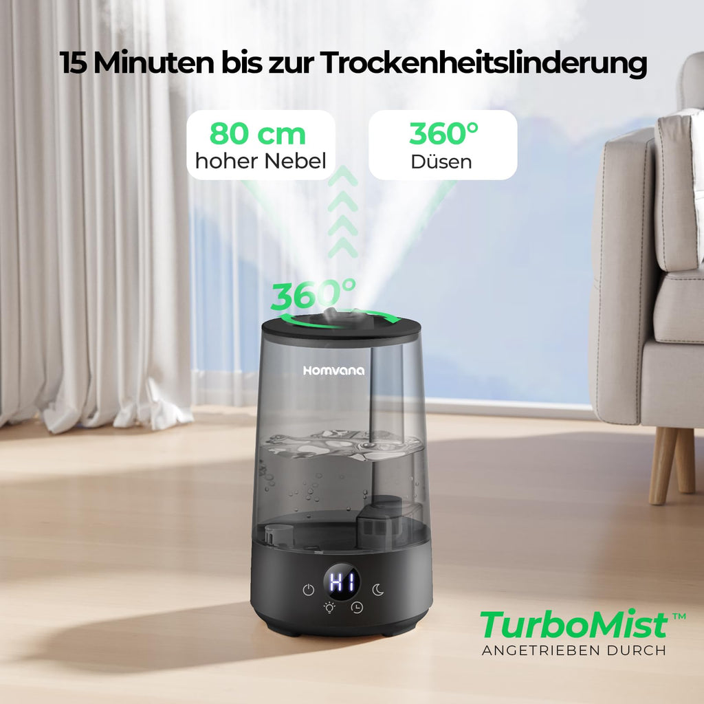 Homvana Luftbefeuchter Schlafzimmer Top-Fill, 3.6L 360°Cool Mist 34H Dauerhaft, Ruhig 16dB (SilentSpary Tech) Klein, Luftbefeuchter Pflanzen, Growtent, Pflanzenbefeuchter, Humidifier Plants (Schwarz)