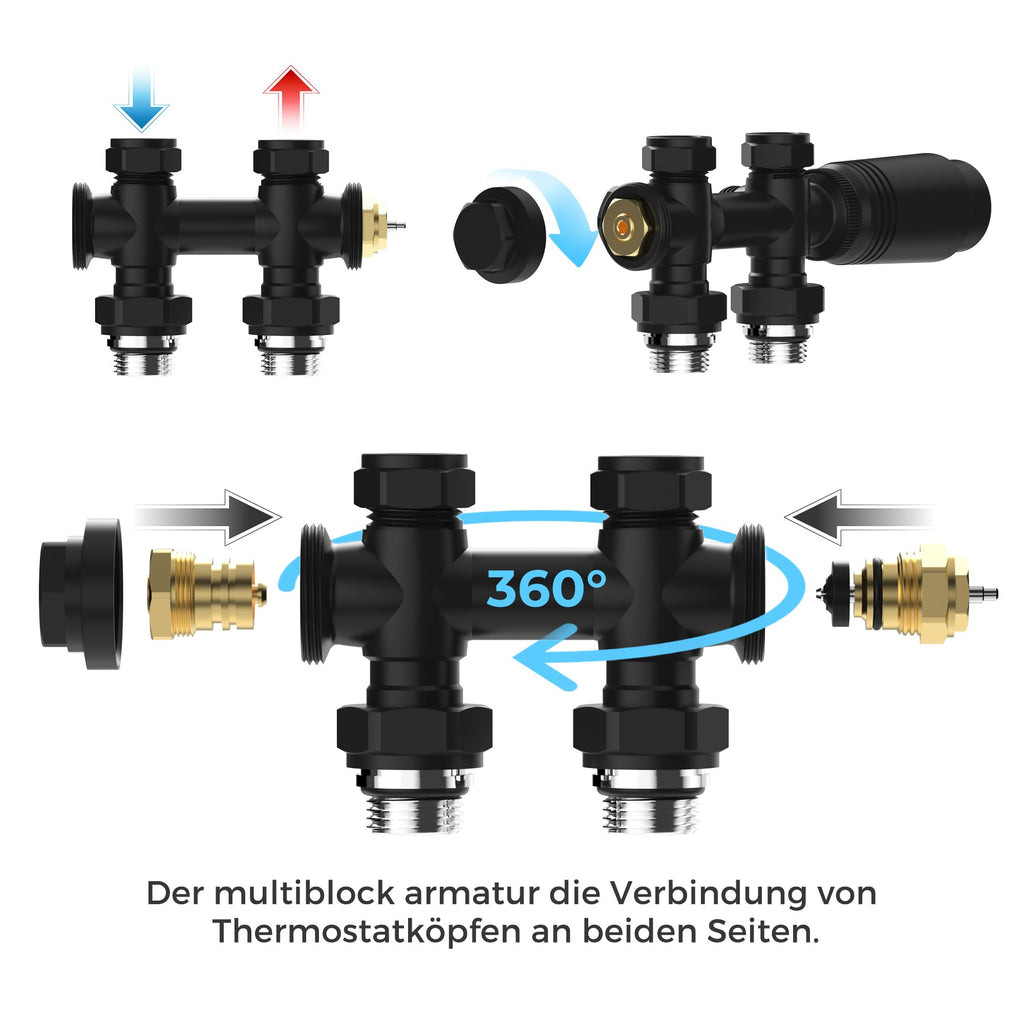 VANCOCO Multiblock mit Thermostat für Heizkörper 50mm Nabenabstand, Hahnblock, Ventil-Armaturen Set in Eck- und Durchgangsform mit Eurokonus für Ø16×2 mm Kunststoff- und Ø15mm Kupferrohre (Schwarz)