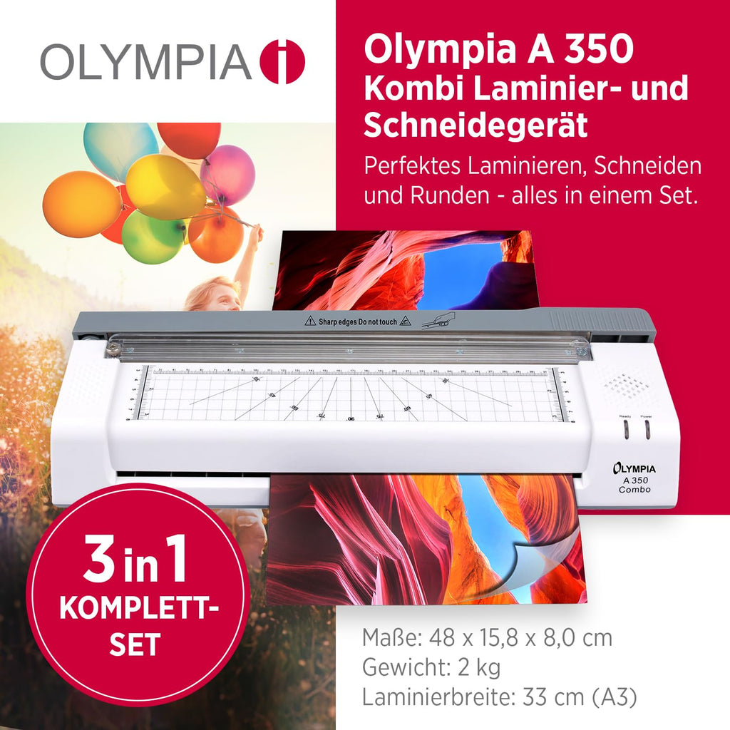 Olympia A 350 Combo 3-in-1 Laminiergerät | Heiß- und Kaltlaminieren | Kombi Laminier- und Schneidegerät | Keine Blasenbildung | Laminiergerät A4 | Laminator | Modernes und kompaktes Design