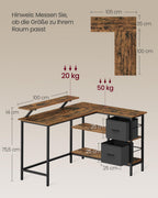 VASAGLE L-förmiger Schreibtisch, 2 geräumige Schubladen, Computertisch mit Monitorständer, Eckschreibtisch, Gaming-Tisch mit Verstellbarer Ablage 135 x 105 cm vintagebraun LWD098B01