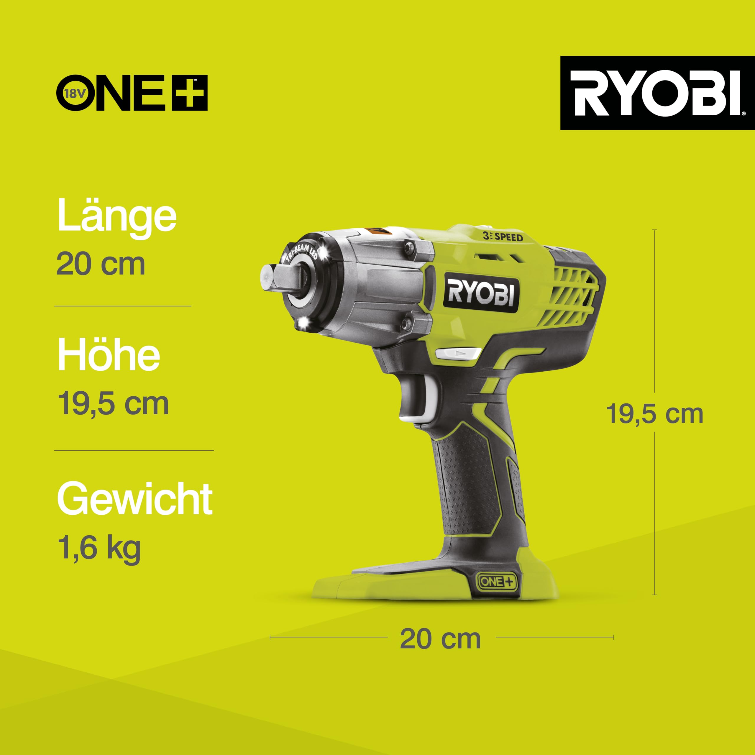RYOBI 18 V ONE+ Akku-Schlagschrauber R18IW3-0 (max. Drehmoment 400 Nm, 1/2 Zoll Vierkant-Aufnahme, 3 Schaltstufen, Schlagzahl 0-3.200 min-1, LED-Beleuchtung, ohne Akku & Ladegerät im Karton)