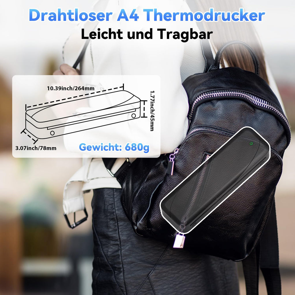 Phomemo M833 Thermodrucker A4 für Unterwegs, Kabelloser Tragbarer Drucker 300DPI, Mobiler Drucker für Rechnungen, Studium, Zuhause, Geschäft, Schule, Kompatibel mit iOS, Android und PC, Schwarz