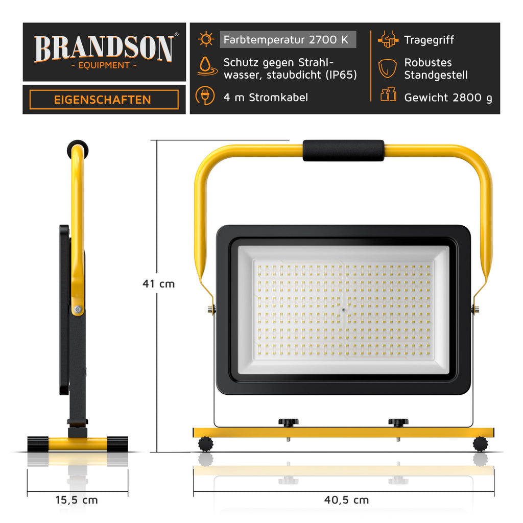 Brandson - LED Baustrahler 150W − Arbeitsscheinwerfer − Bauscheinwerfer − 216 SMD LEDs − Standgestell und Tragegriff − 12000 Lumen – 4 m Stromkabel − Metallgehäuse - IP65
