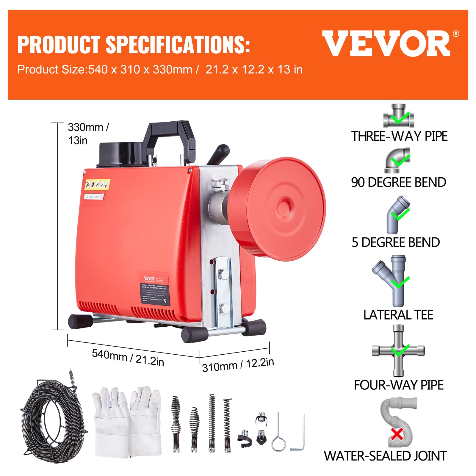 VEVOR 250W Rohrreinigungsmaschine Rohrreinigungsgerät 20mx15,8mm/4,6mx9,5mm
