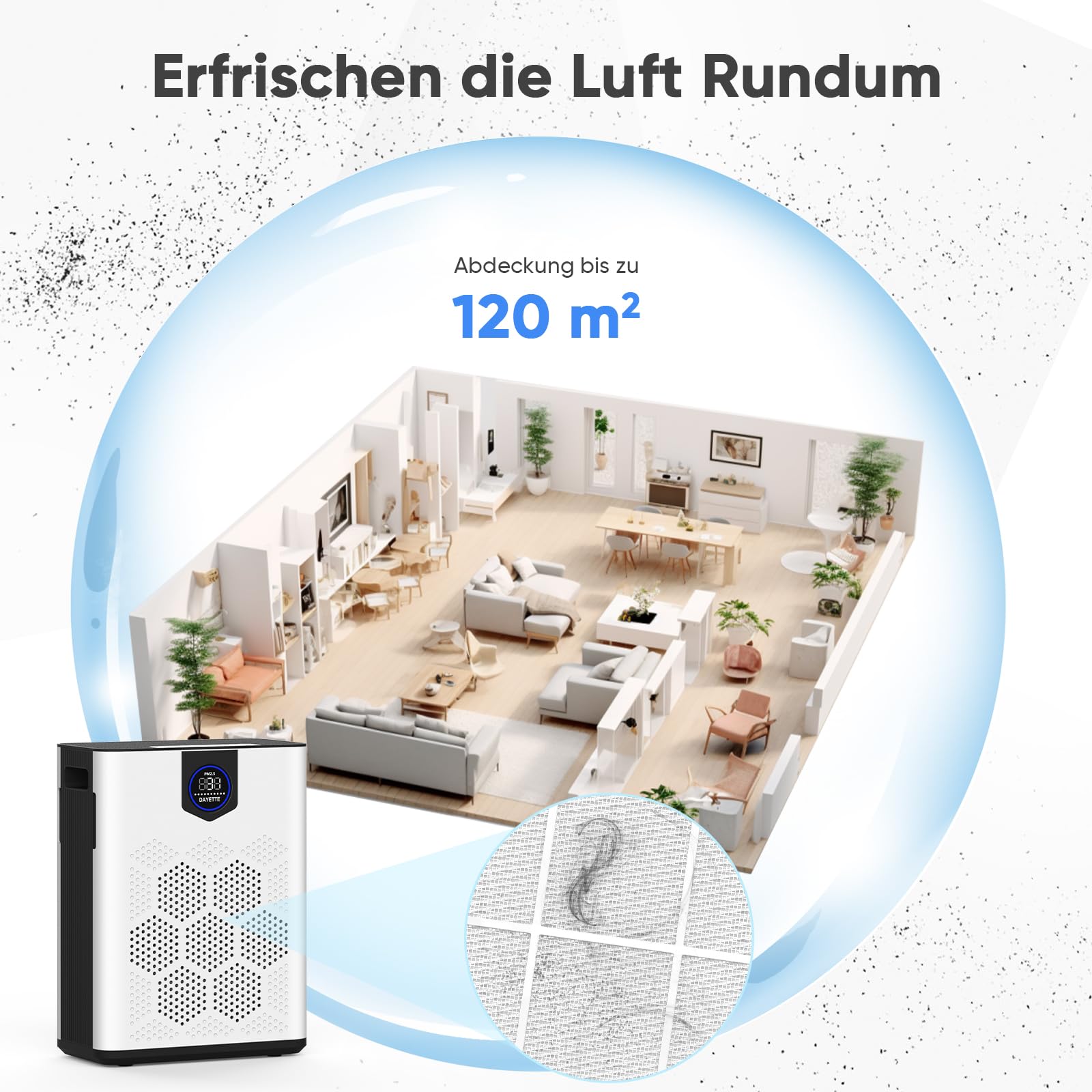 Luftreiniger für Allergiker, Wohnung und Raucherzimmer, mit 2 × HEPA 14-Filtern gegen Tierhaare, Schimmel, Staub, Pollen & Gerüche, CADR 350 m³/h für 120 ㎡, App-Steuerung, Timer, leise 22 dB