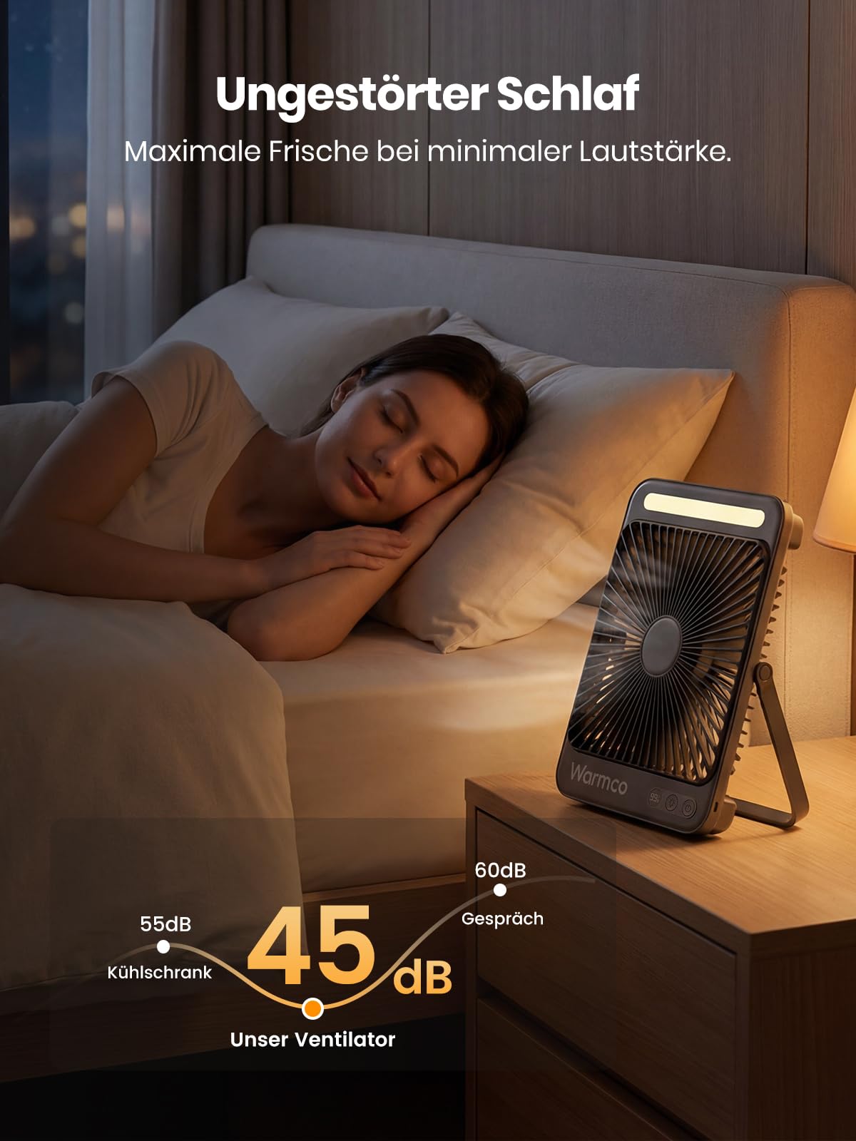 Warmco 20000mAh Akku Camping Ventilator 27cm mit Lampe, 15-48 Std. Laufzeit, Ultra-Leise, Ultraflach, Display, Haken, USB Tischventilator für Zelt, Outdoor, Reisen, Büro, Wohnmobil, Schlafzimmer