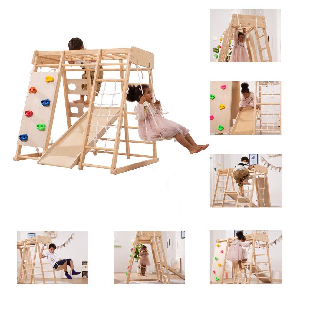 Giant bean 5-in-1 Montessori Kletterdreieck mit Kletterbogen und Rutsche, Holzdreieck für Kleinkinder ab 2-5, Indoor Kletterspielzeug, Regenbogen mit Griff (8 in 1)
