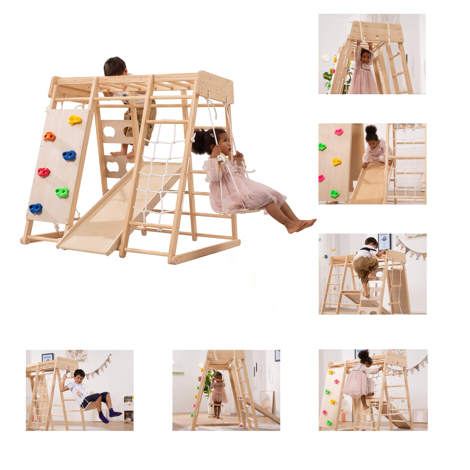 Giant bean 5-in-1 Montessori Kletterdreieck mit Kletterbogen und Rutsche, Holzdreieck für Kleinkinder ab 2-5, Indoor Kletterspielzeug, Regenbogen mit Griff (8 in 1)