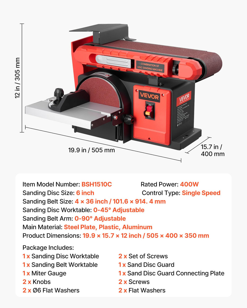 VEVOR Band-Tellerschleifer 400 W, 152,4 mm Tellerschleifer & 101,6x914,4 mm Bandschleifer, mit 0-45° verstellbarem Arbeitstisch & Staubabsauganschluss für Holzbearbeitung, Messerschärfen