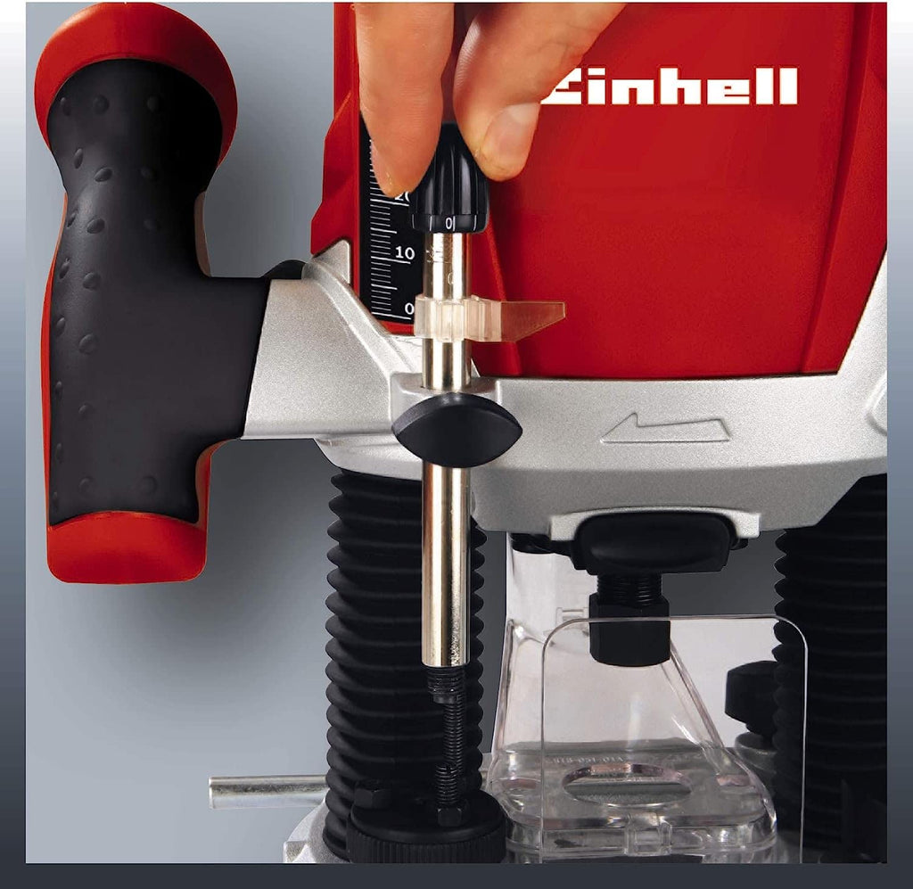 Einhell Oberfräse TE-RO 1255 E (1200 W, Spannzange Ø 6 und 8 mm, 55 mm Hubhöhe, elektronische Drehzahlregulierung, Spindelarretierung, einfacher Werkzeugwechsel) Rot/Schwarz