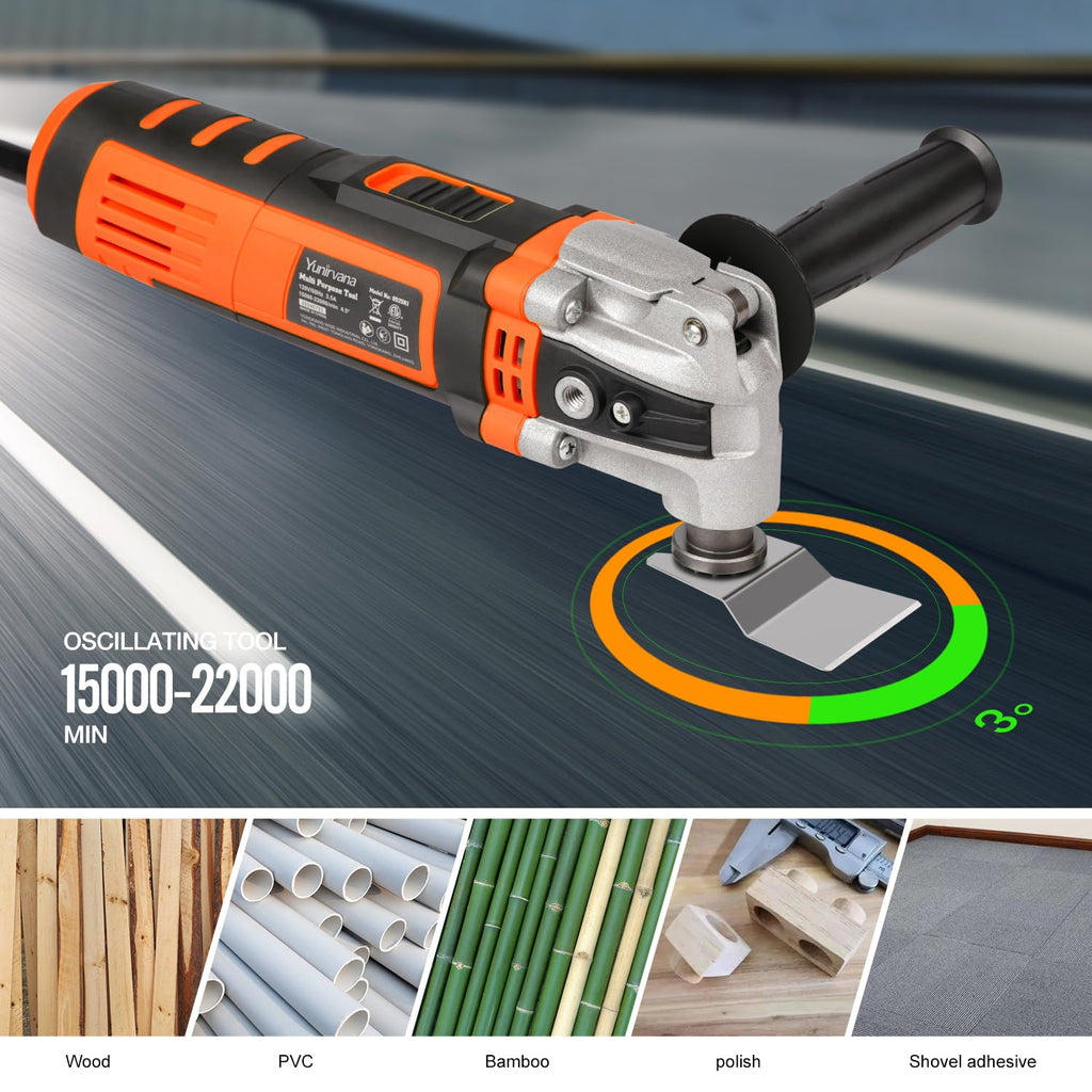 Yunirvana 400W Oszillierendes Multifunktionswerkzeug, oszillierend, 6 variable Geschwindigkeiten, 15.000 – 22.000 U/min, Oszillierender Winkel: 4 °, 28 Zubehörteile, Multiwerkzeug zum Schneiden