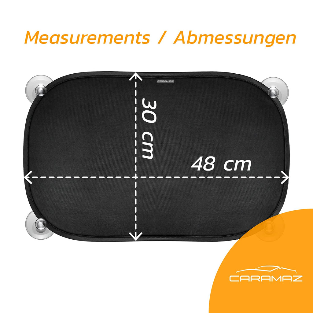 CARAMAZ Sonnenschutz Auto Baby mit zertifiziertem UV Schutz, universell passend 48 x 30 cm, 2 Stück Sonnenblende, mit Saugnäpfen