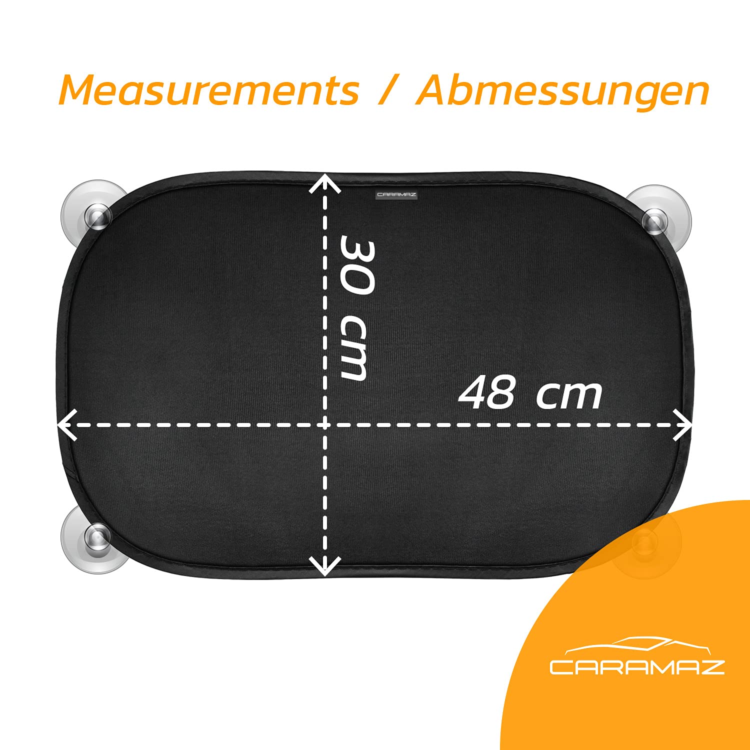 CARAMAZ Sonnenschutz Auto Baby mit zertifiziertem UV Schutz, universell passend 48 x 30 cm, 2 Stück Sonnenblende, mit Saugnäpfen