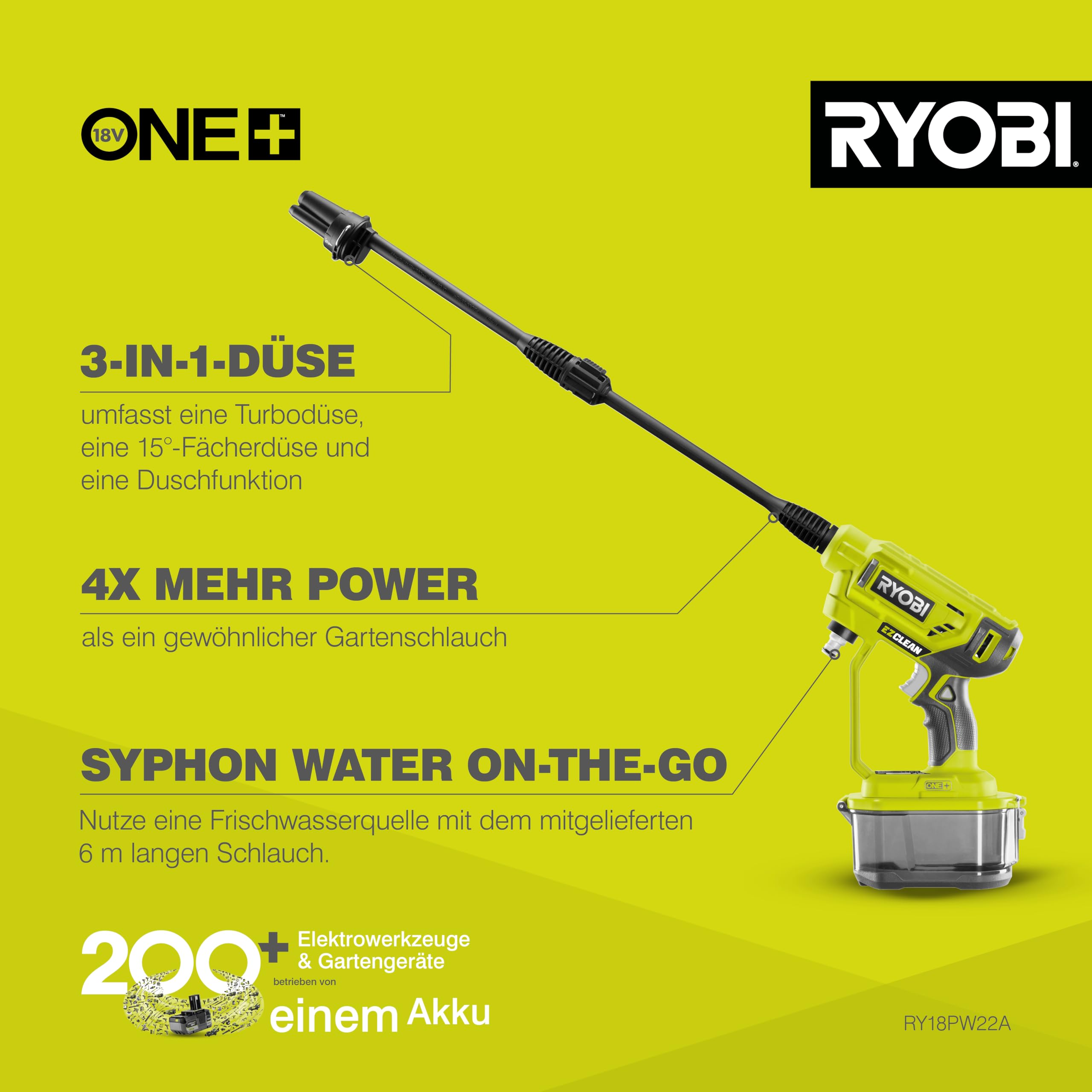 RYOBI 18 V ONE+ Akku-Mitteldruckreiniger RY18PW22A-0, 3in1 Düse, Turbodüse, 15°-Fächerstrahl für die allgemeine Reinigung, ohne Akku & Ladegerät