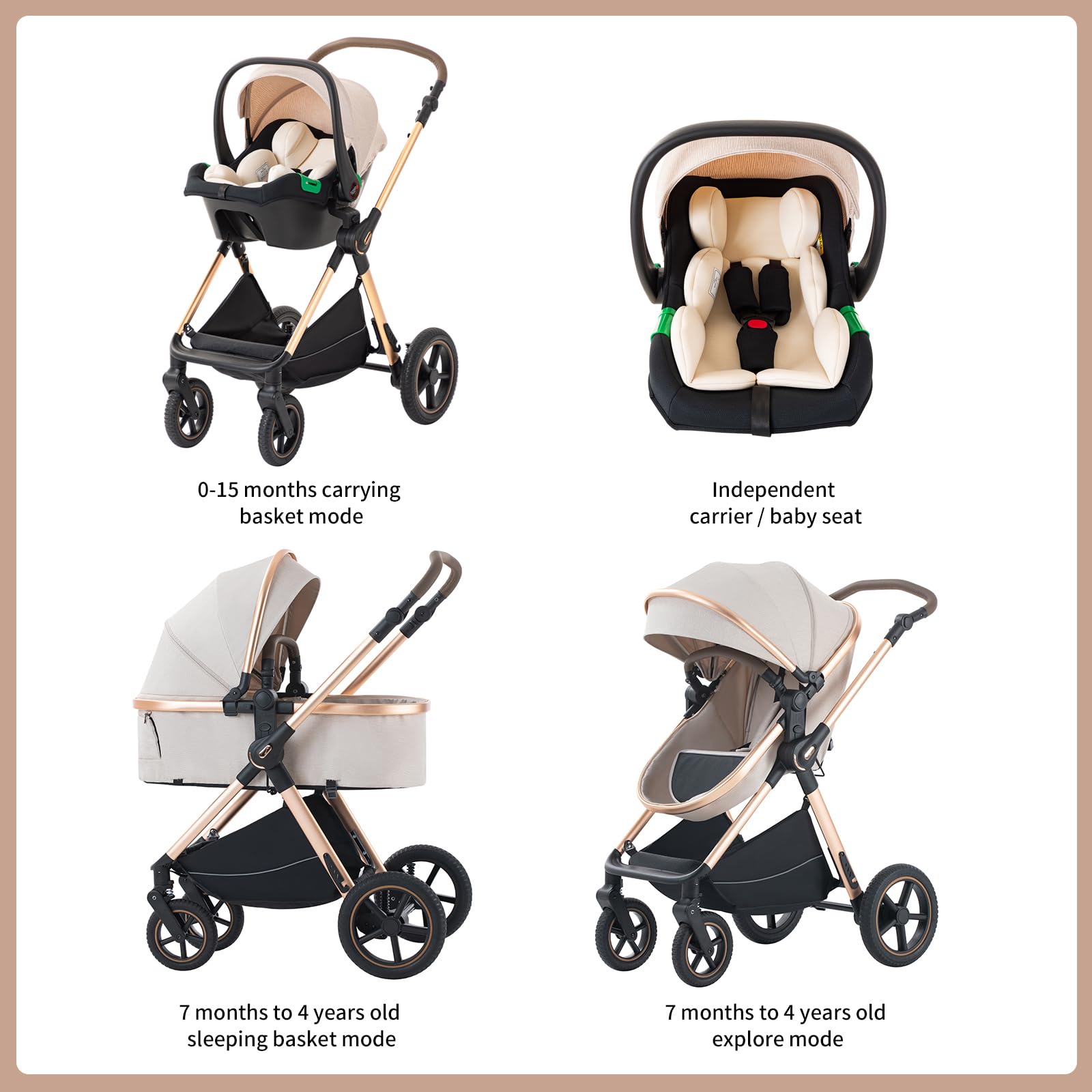 BEBBY 3-in-1 Kinderwagen KombiKinderwagen-Set 2-in-1 Buggy faltbar Luxus Hochlandschaft Neugeborenes Tragbarer Zusammenklappbarer Kinderwagen Travel System (D2-Black., H2-D)