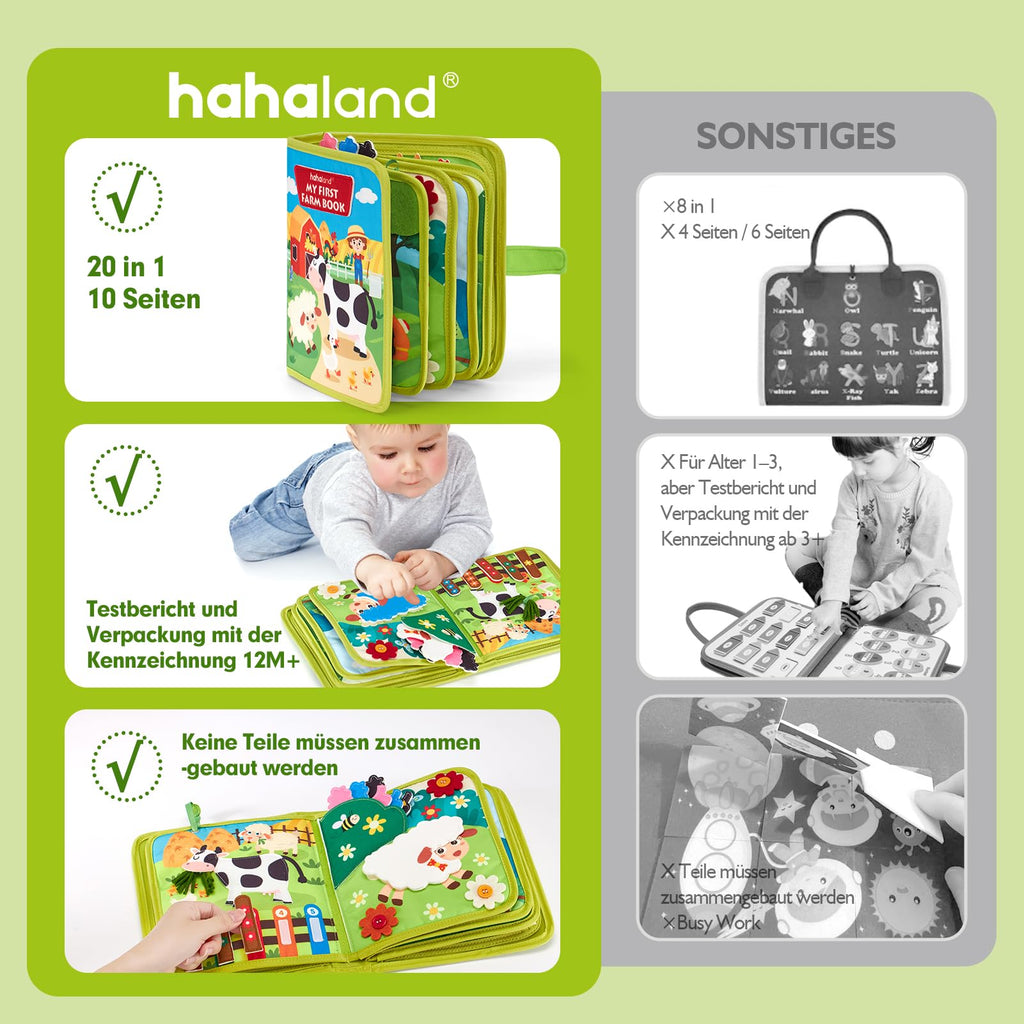 Hahaland Montessori Spielzeug ab 1 Jahr – Quiet Book mit Bauernhof Thema, 20-in-1 Busy Board Weichem Filz für Frühe Bildung,Busy Book für Autofahrten, Geschenk Spielzeug ab 1 2 3 4 Jahre Mädchen Junge