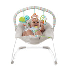 Bright Starts, Babywippe Babyschaukel Happy Safari mit beruhigenden Vibrationen & 7 Melodien, abnehmbarer Kopfstütze und Spielbogen mit 3 Spielzeugen, Lautstärkeregeler, ab der Geburt bis 9kg