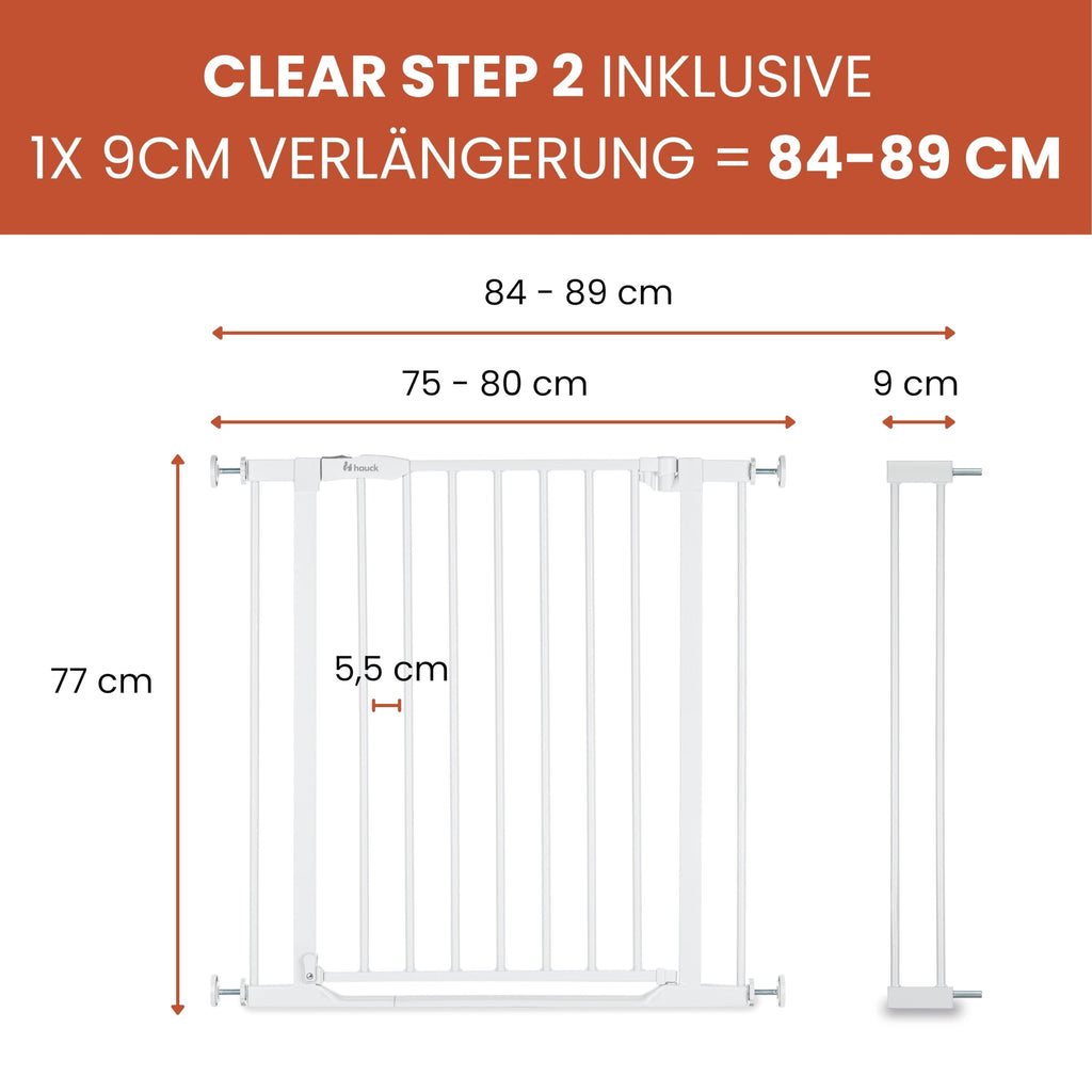 hauck Clear Step 2 + 9 cm Verlängerung, Weiß - Kinderschutzgitter Hundegitter, Verstellbare Breite 84-89 cm, 77 cm Hoch, Flacher Einstieg, Einhand Öffnung, ohne Bohren, für Innen