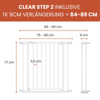 hauck Clear Step 2 + 9 cm Verlängerung, Weiß - Kinderschutzgitter Hundegitter, Verstellbare Breite 84-89 cm, 77 cm Hoch, Flacher Einstieg, Einhand Öffnung, ohne Bohren, für Innen