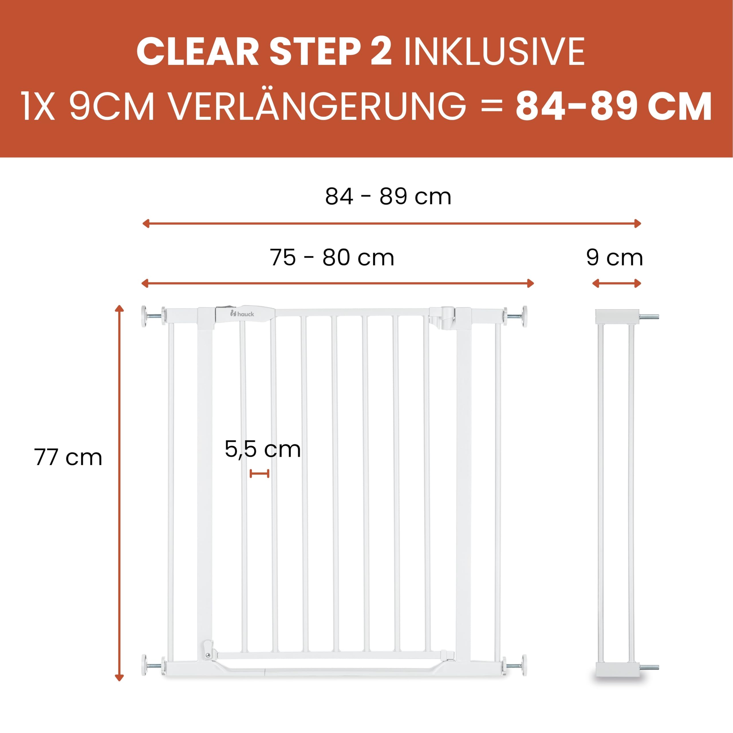 hauck Clear Step 2 + 9 cm Verlängerung, Weiß - Kinderschutzgitter Hundegitter, Verstellbare Breite 84-89 cm, 77 cm Hoch, Flacher Einstieg, Einhand Öffnung, ohne Bohren, für Innen