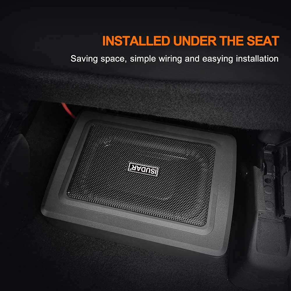 ISUDAR 9 Zoll schlanker Max 600W Subwoofer Aktiv Powered Untersitz-Auto Audio Subwoofer eingebautem Verstärker für Auto/LKW mit Fernbedienung niedrigen und hohen Eingangspegeln, Schwarz