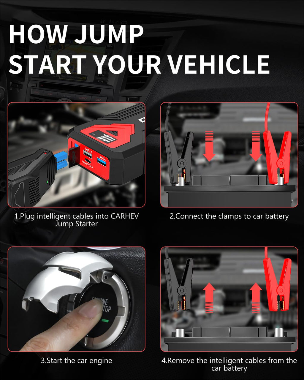 CARHEV Starthilfe Powerbank für pkw, 4000A Auto Starthilfe Powerbank (Bis Zu 8,0L Benzin Oder 8,0L Diesel), 12V Jump Starter Powerbank mit USB Schnellladung und LED Taschenlampe