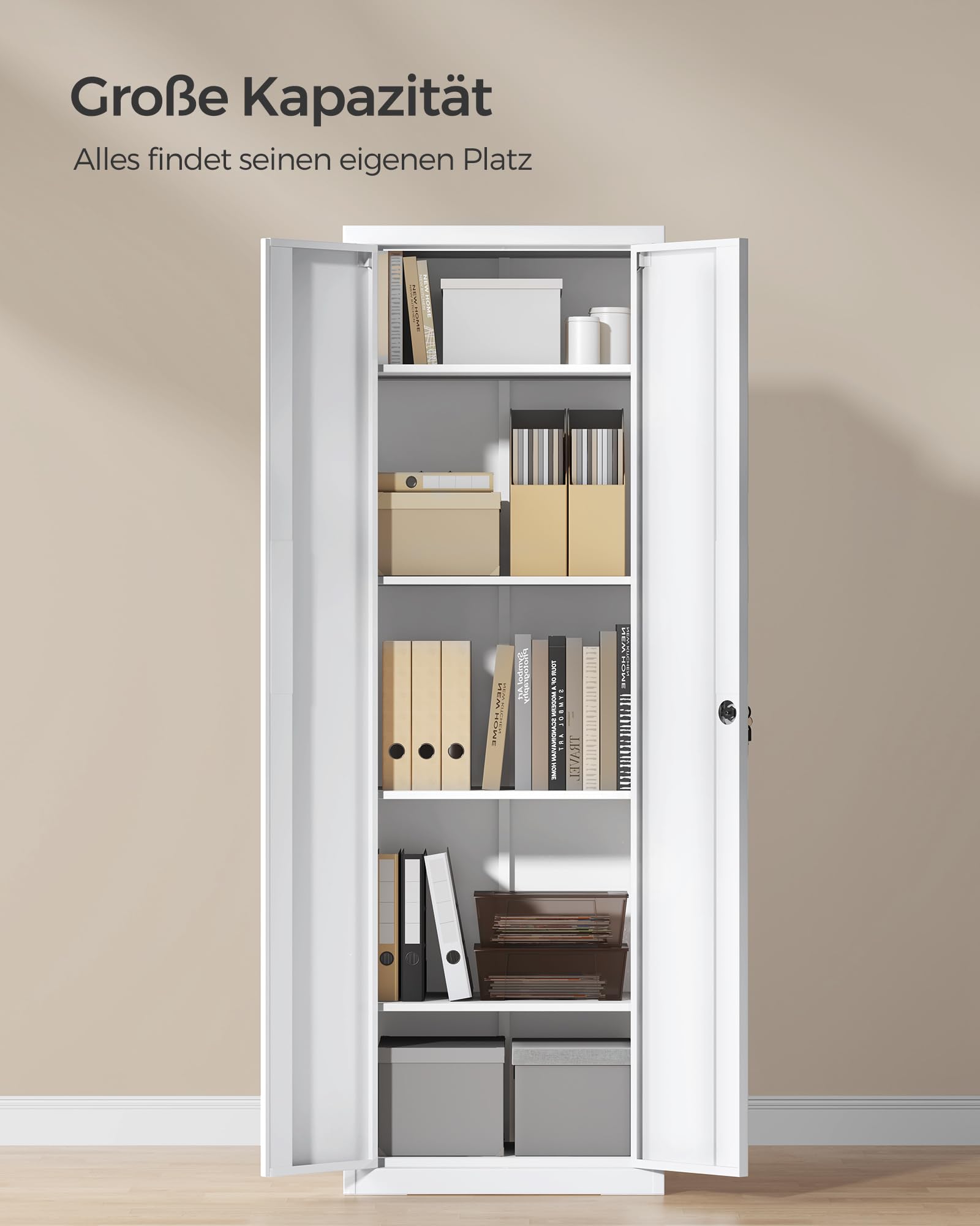 SONGMICS Aktenschrank, Mehrzweckschrank, Aufbewahrungsschrank, 5 Ebenen, 40 x 60 x 180 cm, Doppeltüren, Schloss, Werkzeug, verstellbare Ablagen, Garage, Büro, Wohnzimmer, mattweiß OMC014W01
