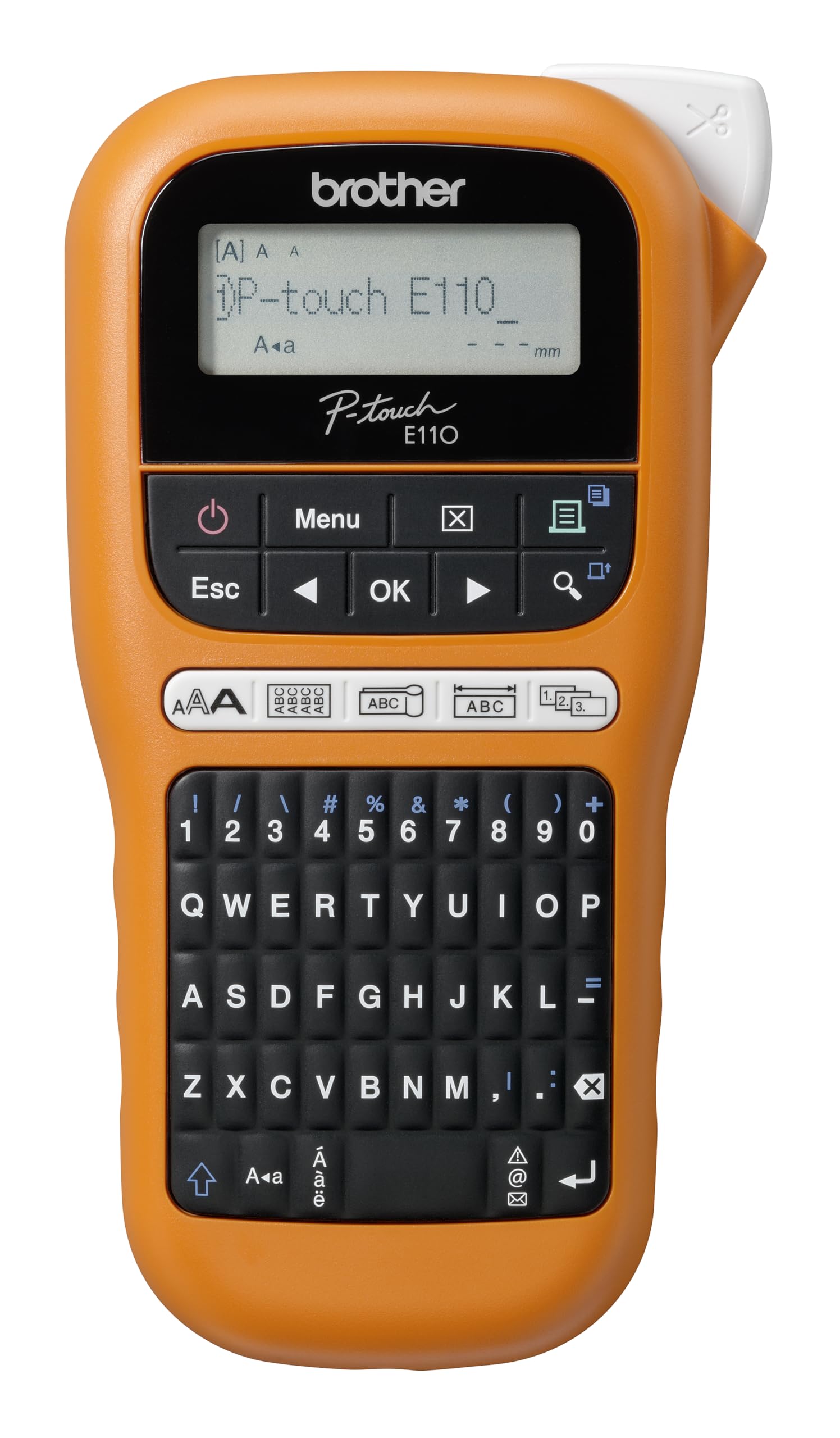 Brother PT-E110 Industrielles Beschriftungsgerät (für 3,5 bis 12 mm breite TZe-Schriftbänder, Beschriftung von Kabeln und Anschlüssen), orange