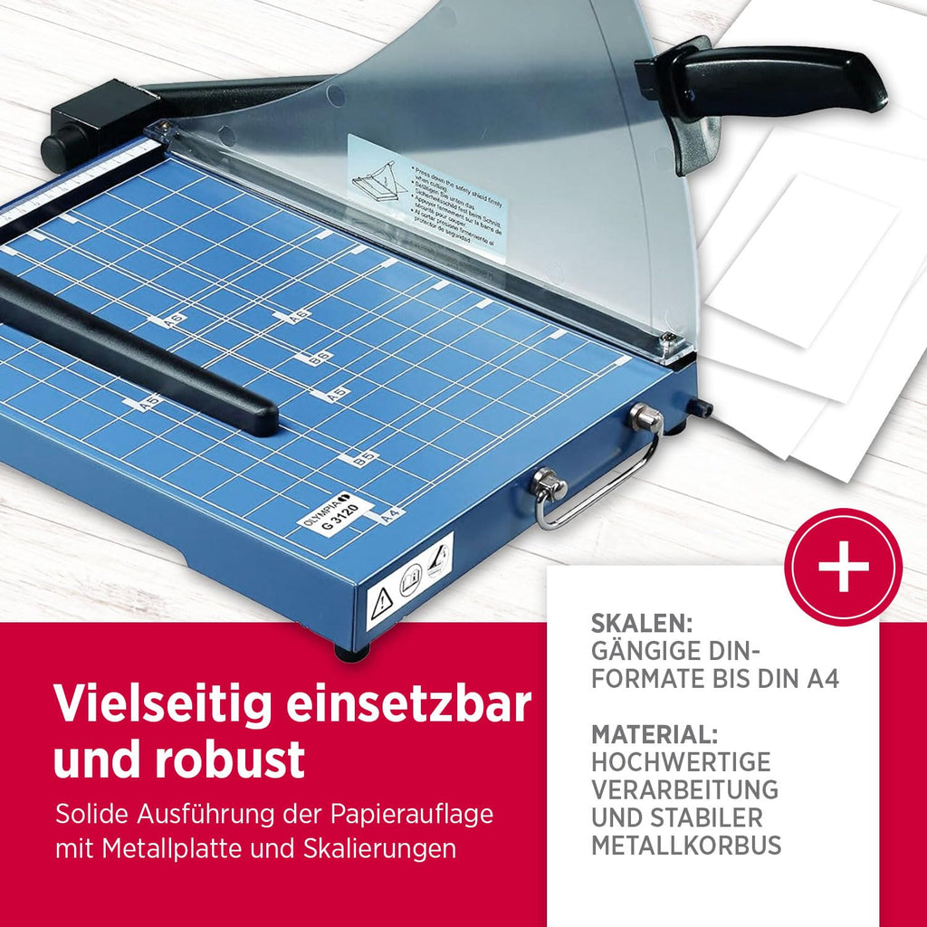 Olympia G 3120 Profi Hebelschneider | Papierschneidemaschine bis zu 20 Blatt | Papierschneider DIN A4 | 310 mm Arbeitsbreite | Schneid-Schutz & Arretierungsmöglichkeit | Papier Schneidegerät | blau