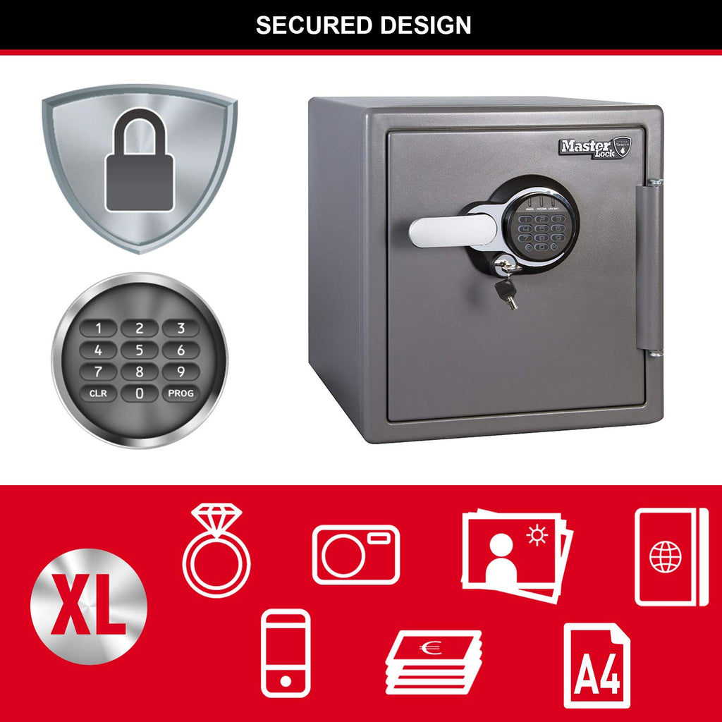Master Lock Tresor Feuerfest und Wasserdicht mit Zahlencode und Schlüssel, Dreifacher Schutz - Flug, Feuer und Flut, elektronische Kombination und Schlüssel, 33.6L, 45.3 x 41.5 x 49.1 cm