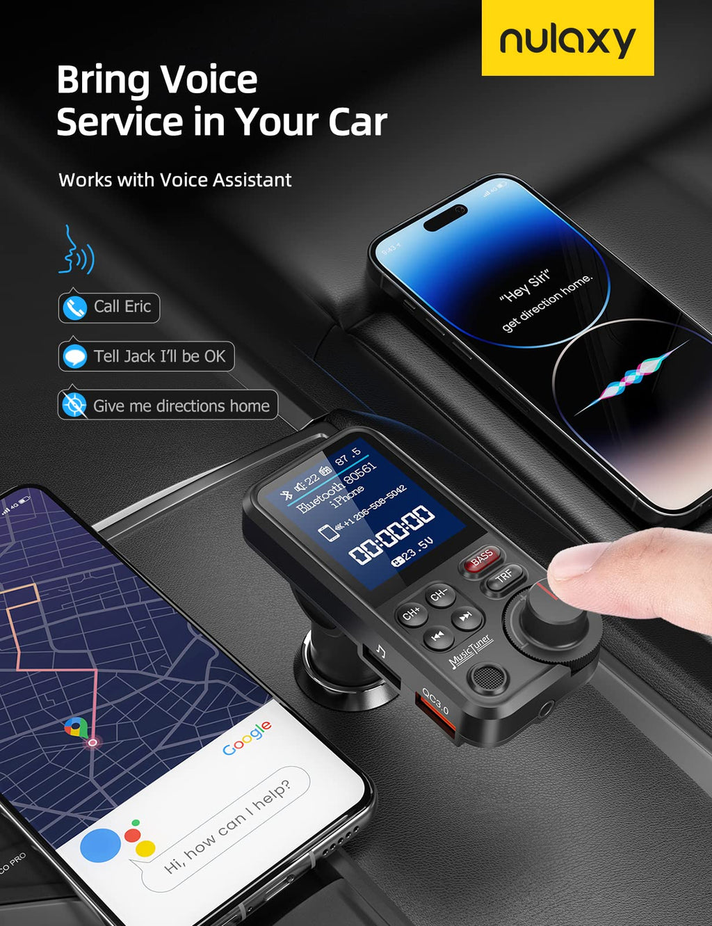 Nulaxy Bluetooth Adapter Auto, Starkes Mikrofon FM Transmitter Auto Bluetooth mit 1,8-Zoll-Farbbildschirm für Freisprechanrufe, unterstützt QC3.0-Lade-, Höhen- und Bassmusik-Player - KM30