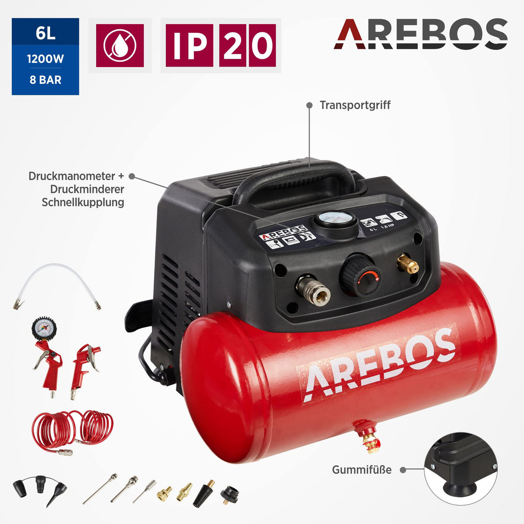 Arebos 6L Druckluftkompressor 1200W | 180 L/min Saugleistung | 8 bar Kompressor inkl. 13-tlg. Druckluft-Werkzeug-Set | Ölfrei & leise | Abschaltautomatik | Kompakt, mobil & robust | inkl. 2 m Kabel