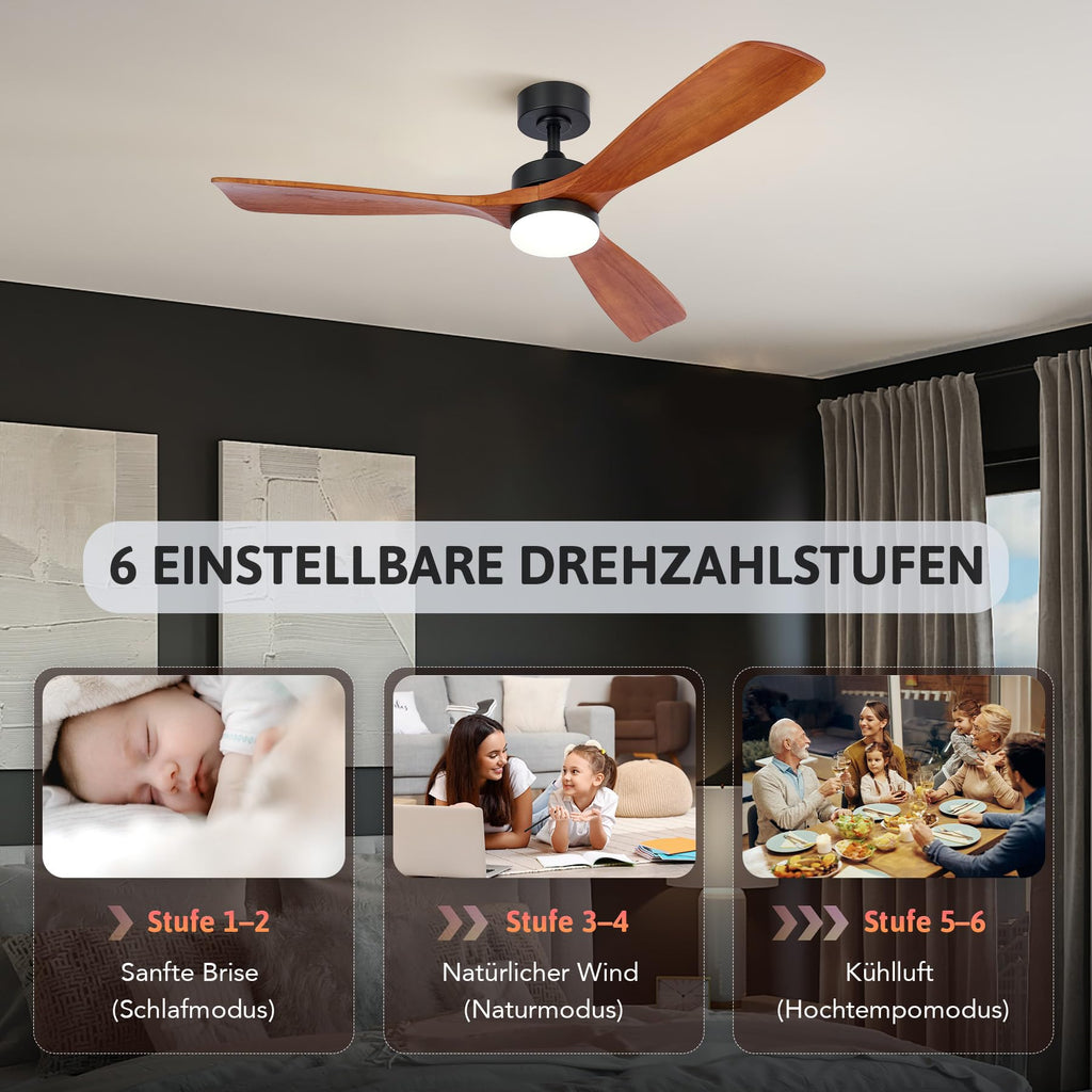 VONLUCE Deckenventilator mit Fernbedienung 52 Zoll Holz Ventilator LED-Leuchte Sommer&Winter-Betrieb Leiser DC-Motor für Innen und überdachten Außenbereich, Walnuss