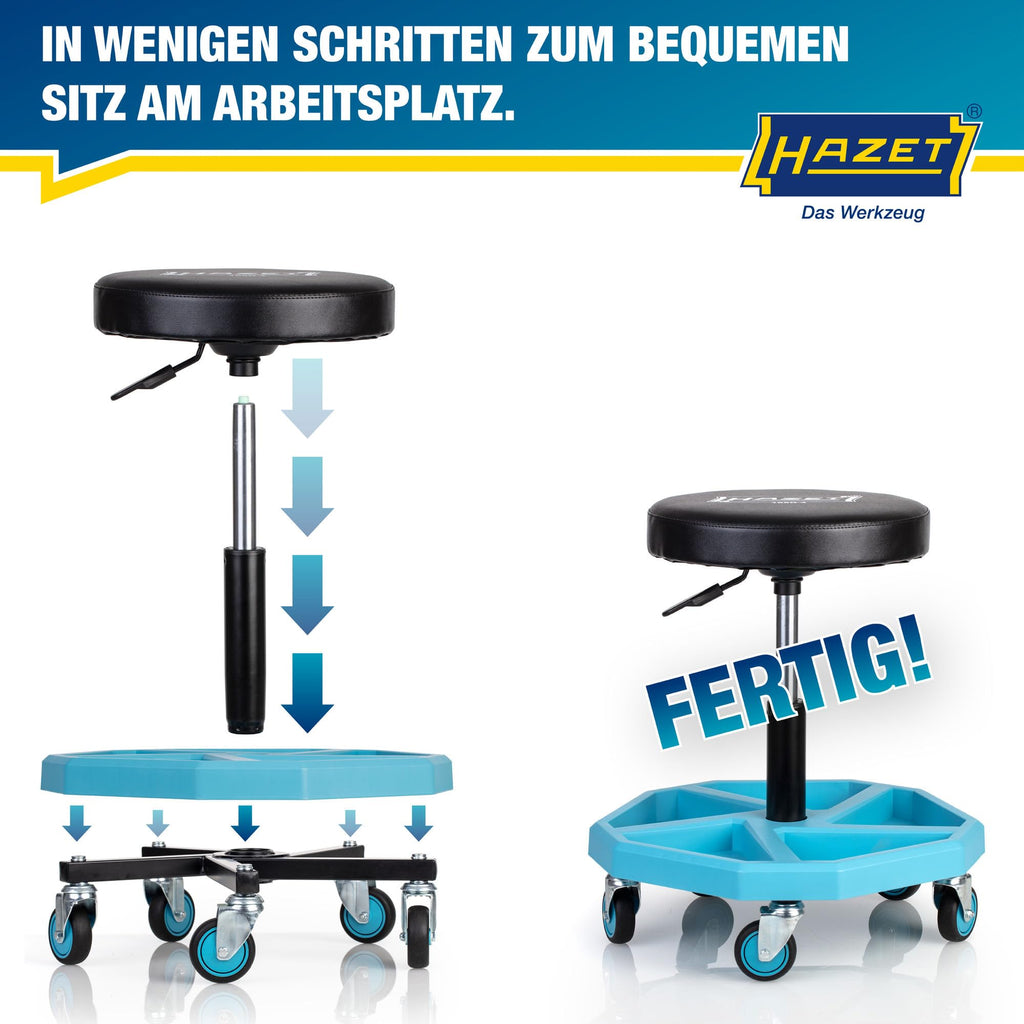 HAZET Arbeitssitz 195N-4; stabile Vierkant-Rohrrahmenkonstruktion; 5 Leichtlaufrollen 75 mm; höhenverstellbar 430-550 mm; belastbar bis 150 kg; großes Sitzkissen 350 mm