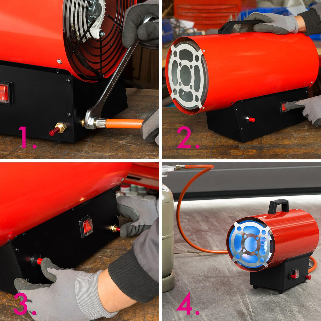 EBERTH Gasheizgebläse 50 kW Direkt, Heizkanone Gas, Luftdurchsatz 872 m³/h, Gasheizer mit Schlauch, Druckminderer, für Propan-/Butangasflasche, Gas Heizgebläse mit Überhitzungsschutz, Flammensicherung