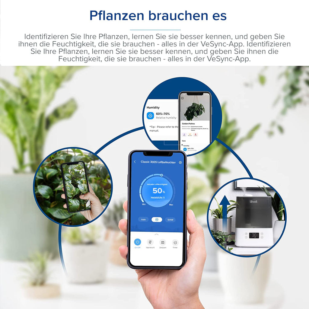 Levoit Top-Fill Luftbefeuchter, Smart Humidifier, mit APP & Alexa Steuerung, bis 47m², leise Raumbefeuchter für Schlafzimmer, Kinderzimmer, Pflanzen, Auto Shut-off, 6 L, Grau
