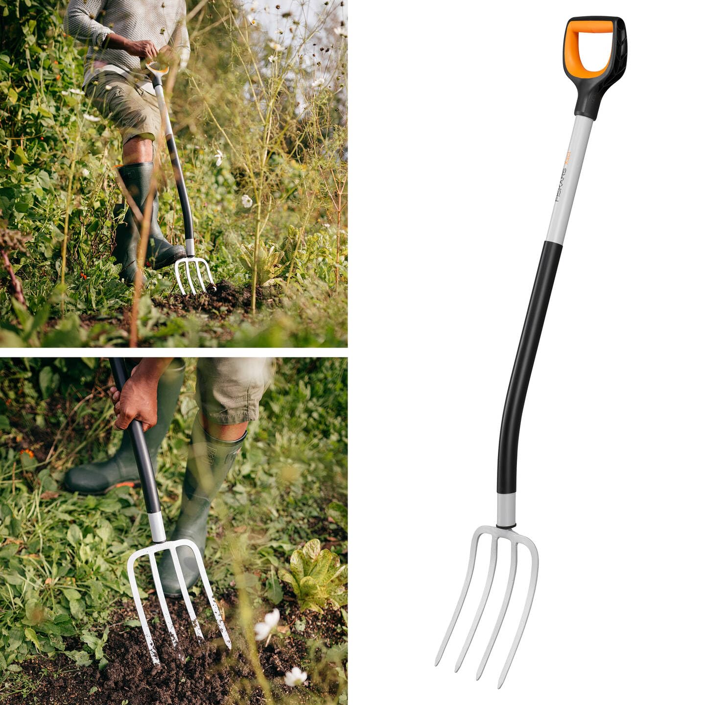 Fiskars Spatengabel für harte, steinige Böden, Mit 4 Zinken, Länge: 120 cm, Qualitätsstahl-Zinken/Glasfaserverstärkter Kunststoff-Stiel, Schwarz/Orange, Xact, 1070716