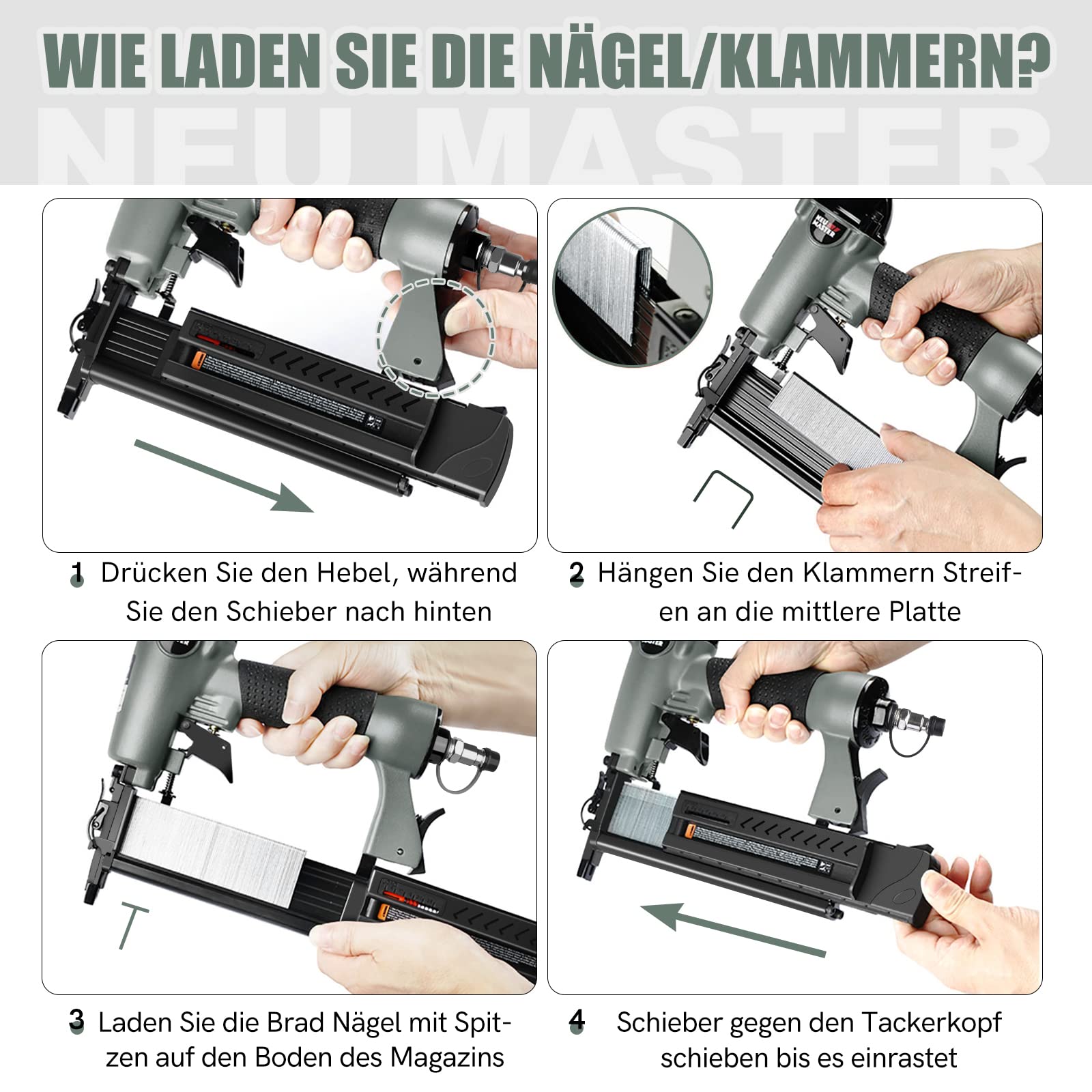 NEU MASTER Druckluftnagler, 2 in1 Drucklufttacker mit Transportkoffer inkl. 800 Nägel und 200 Klammern für Werkstatt und Haus